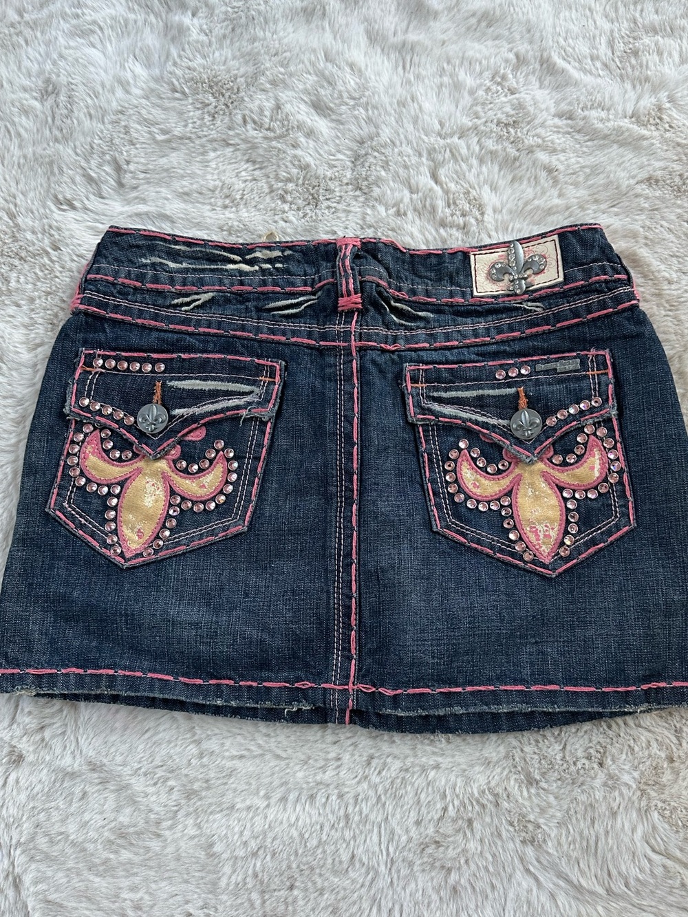 Authentic Y2KLaguna B Dark Wash Denim Mini Skirt with Pink & Gold Pocket Accents